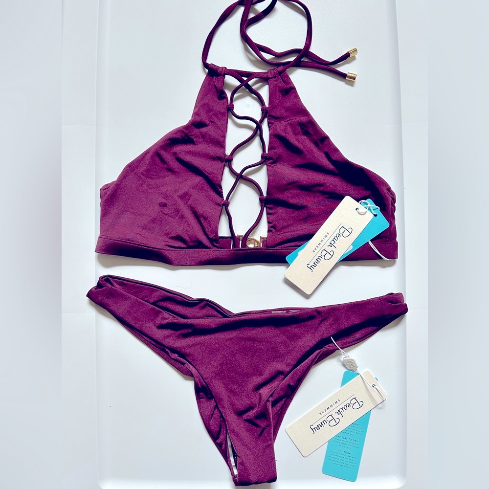 Beach Bunny Bikini (Reese) High Neck top and (Angela) Skimpy bottoms! PLUM - M